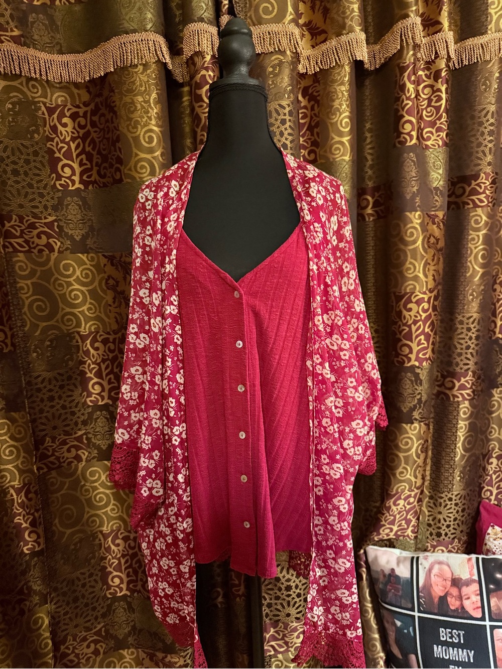 Women’s Floral Open-Front Cardigan & Ribbed Tank Set — Raspberry